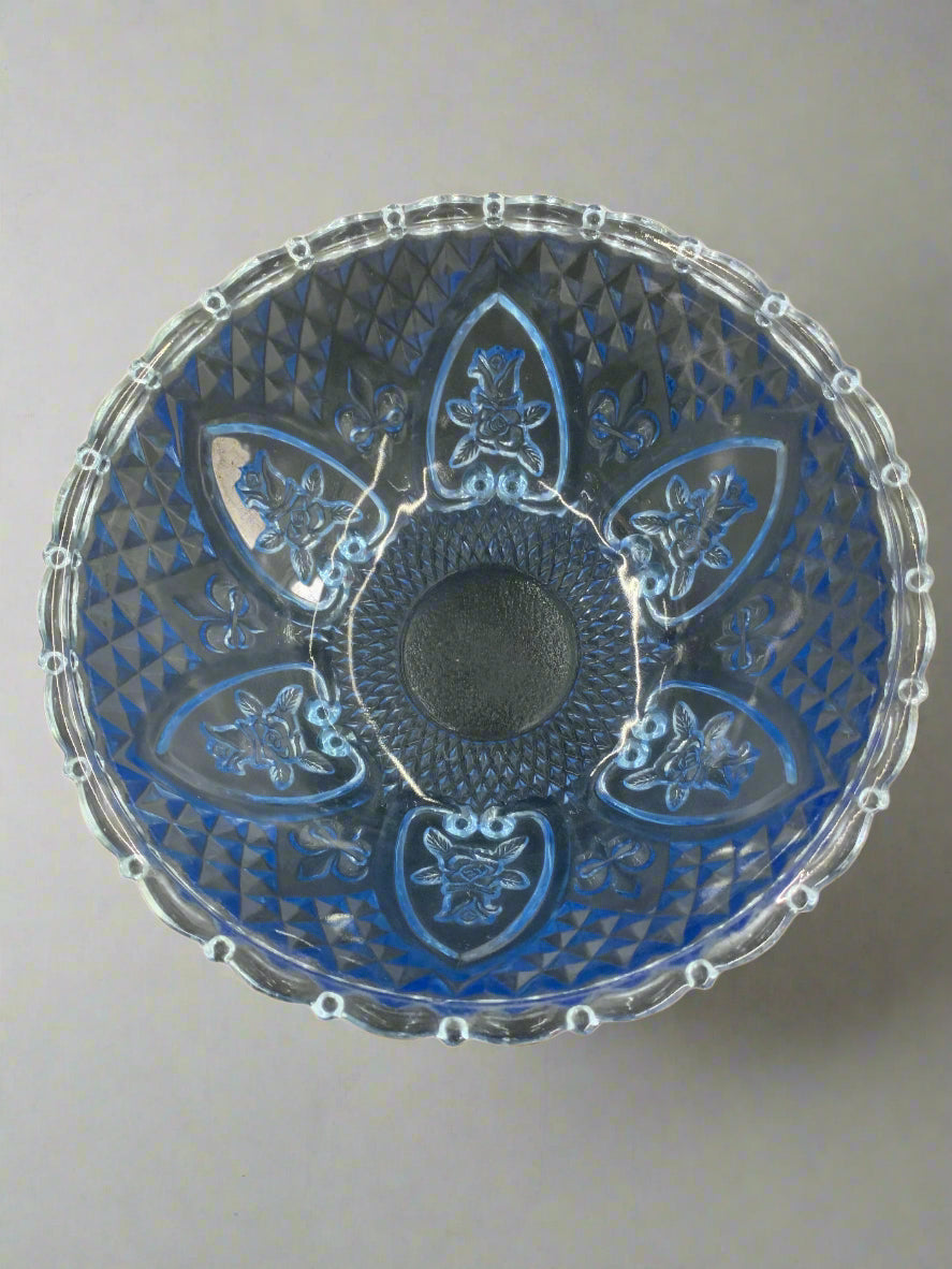 VINTAGE BLUE FLEUR-DE-LIS AND ROSES KIG GLASS BOWL